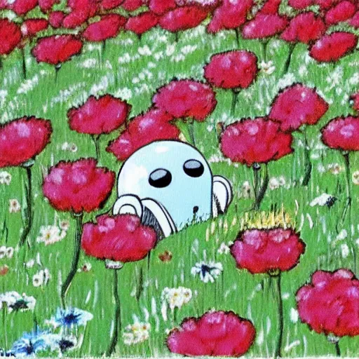 Image similar to a little robot lying in a flower field, painted by studio ghibli