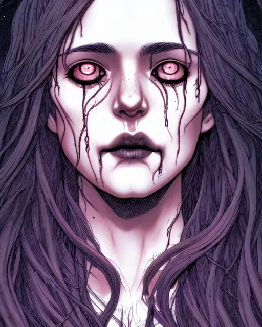 Prompt: comic horror cover art of a beautiful girl with tears in her eyes, skull motif background, illustration by jenny frison and sana takeda, intricate details, stunning inking lines, stunning gradient colors, 4 k, hd, artstation, award winning