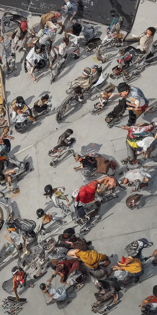 Image similar to oil painting scene skateboard park by kim jung gi