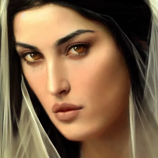 Prompt: Beautiful face Portrait of crying young arab Monica Bellucci, really big blue eyes, long wavy black hair, white veil, closeup, focus face, colored, middle eastern, dramatic lighting, intricate, wild, highly detailed, digital painting, artstation, concept art, smooth, sharp focus, illustration, art by artgerm and greg rutkowski and alphonse mucha, footage from space camera