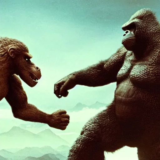 Prompt: Godzilla and Kong handshaking