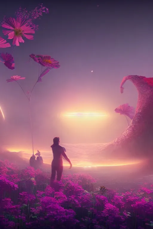 Image similar to imagine dragons in a flower cosmos, illustration, moody, chaotic, god, mist, nuclear explosion background, volumetric lighting, soft lighting, soft details, painting oil on canvas by ryan church and Edmund Blair Leighton, octane render, HDR, trending on artstation, 4k, 8k, HD