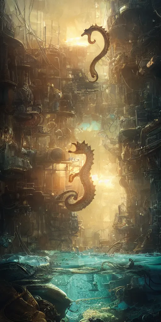 Image similar to a seafloor view of a seahorse swimming on the street corner of the steampunk city of Atlantis by Cedric Peyravernay, highly detailed, full view of seahorse, excellent composition, cinematic concept art, dramatic lighting, trending on ArtStation