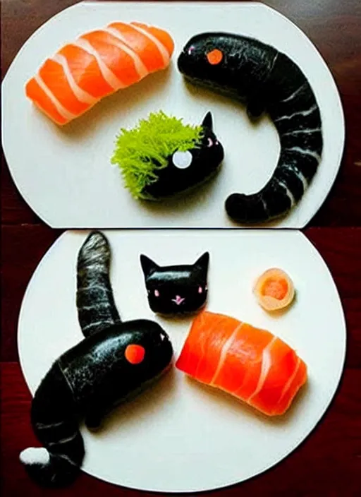 Image similar to clear photorealistic picture of adorable cats made out of sushi