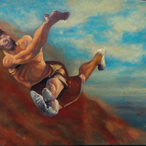 Image similar to Man falling from heaven. Oil painting.