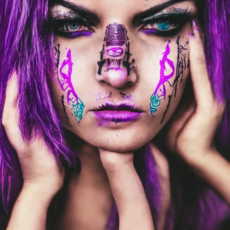 Prompt: a cyberpunk beautiful woman with tribal glowing tatoos on the face and purple eyes, photography, canon eos c 3 0 0 mark iii, ƒ 3, 2 0 mm