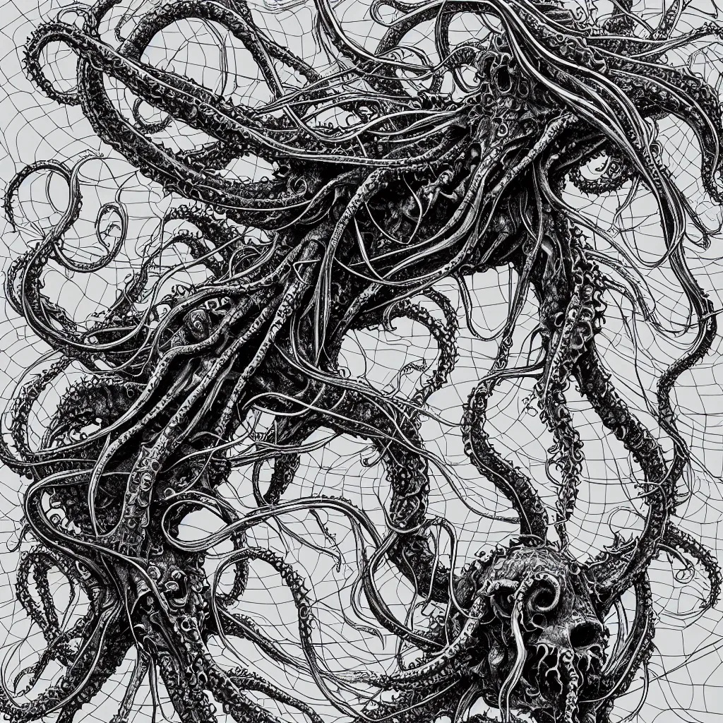 Image similar to close-up macro portrait of a Cthulhu versus the kraken and other fantastical sea creatures, epic angle and pose, ribcage bones, tenticles, symmetrical artwork, lots of eyes 3d with depth of field, blurred background, cybernetic jellyfish female face skull phoenix bird, translucent, nautilus, energy flows of water, bubbles, a highly detailed epic cinematic battle concept art CG render. made in Maya, Blender and Photoshop, octane render, excellent composition, beautiful colour, high contrast, vignette cinematic dystopian brutalist atmosphere, dynamic dramatic cinematic lighting, aesthetic, very inspirational, arthouse. Greg Rutkowski, Ilya Kuvshinov, WLOP, Stanley Artgerm Lau, Ruan Jia and Fenghua Zhong