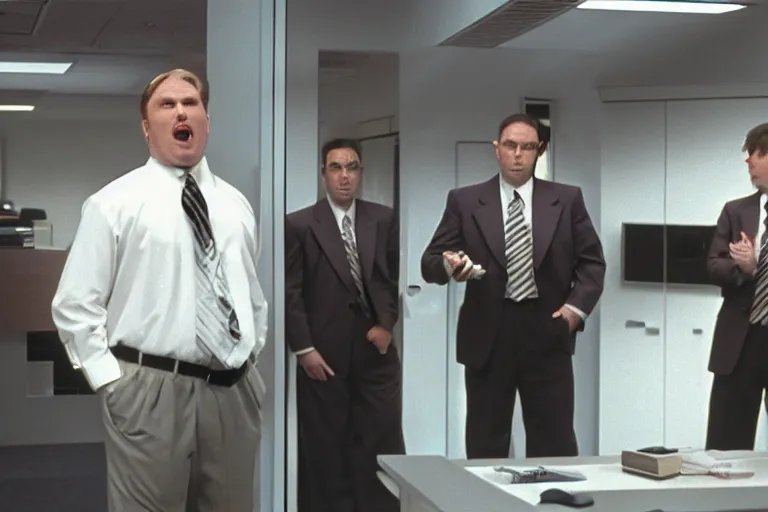 Prompt: cinematic still of portly clean-shaven white man wearing suit and necktie shouting at two other men his office in 1994 film, XF IQ4, f/1.4, ISO 200, 1/160s, 8K, RAW, dramatic lighting, symmetrical balance, in-frame