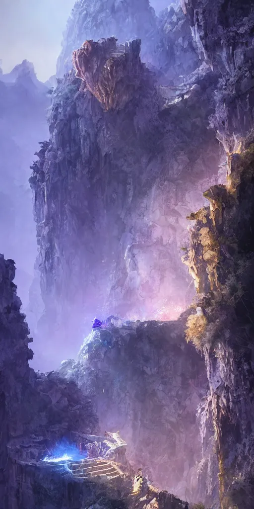 Image similar to Gorge in the mountain, white stone temple ruins, night dramatic lighting, blue and purple tones, wide camera angle, matte painting, trending on ArtStation, concept art, delightful surroundings, high detail