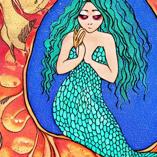 Prompt: mermaid in tears, looking at the aquarium, back side photography, closeup