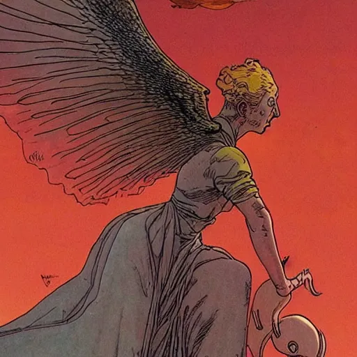 Prompt: a girl riding a winged demon flies over hell art by moebius