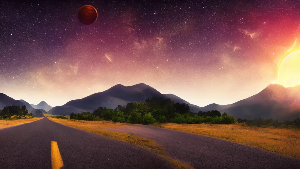 Image similar to open country Road, mountains, sunset, stars, small planet in the sky, realistic, cinematic, 8k