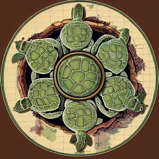 Image similar to a stack of turtles beneath a round disc map, turtle s