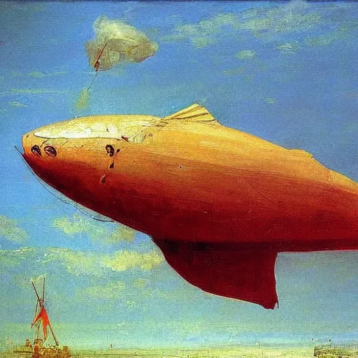 Image similar to huge zepplin in the shape of a fish, from below, brightly coloured oil on canvas, by ilya repin