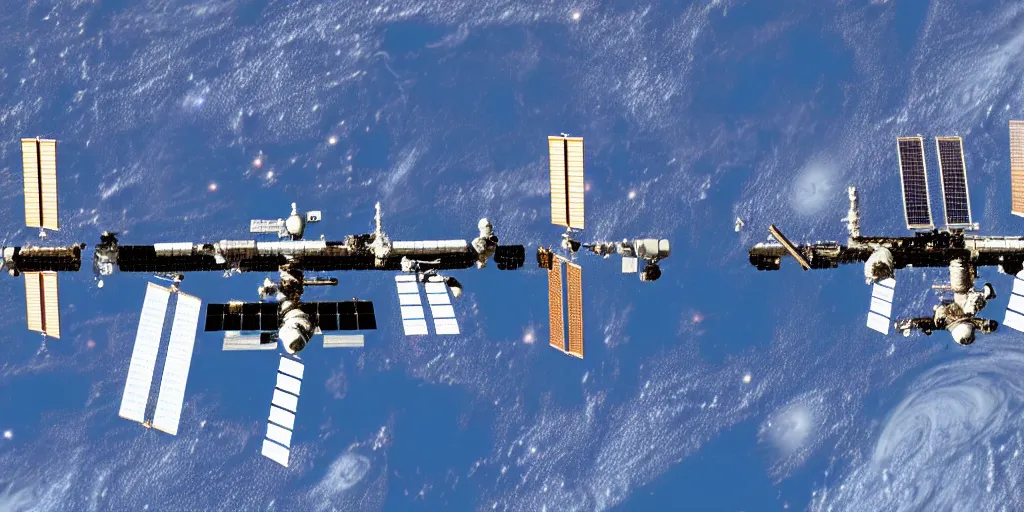 Image similar to a detailed sketch of the international space station, with the sun reflecting off of it's windows, various refining methods, micro macro autofocus, ultra definition, cinematic