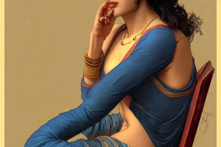 Image similar to sensual pale beautiful indian doctor in jeans, art deco portrait, elegant, intricate, digital painting, artstation, concept art, smooth, sharp focus, illustration, art by artgerm and greg rutkowski and alphonse mucha