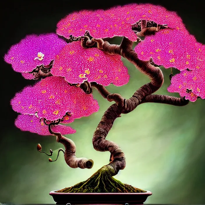 Image similar to extremely psychedelic bonsai made of orchid and cherry blossom tree and mushroom, LSD, diffuse lighting, fantasy, intricate, elegant, highly detailed, lifelike, photorealistic, digital painting, artstation, illustration, concept art, smooth, sharp focus, art by John Collier and Albert Aublet and Krenz Cushart and Artem Demura and Alphonse Mucha