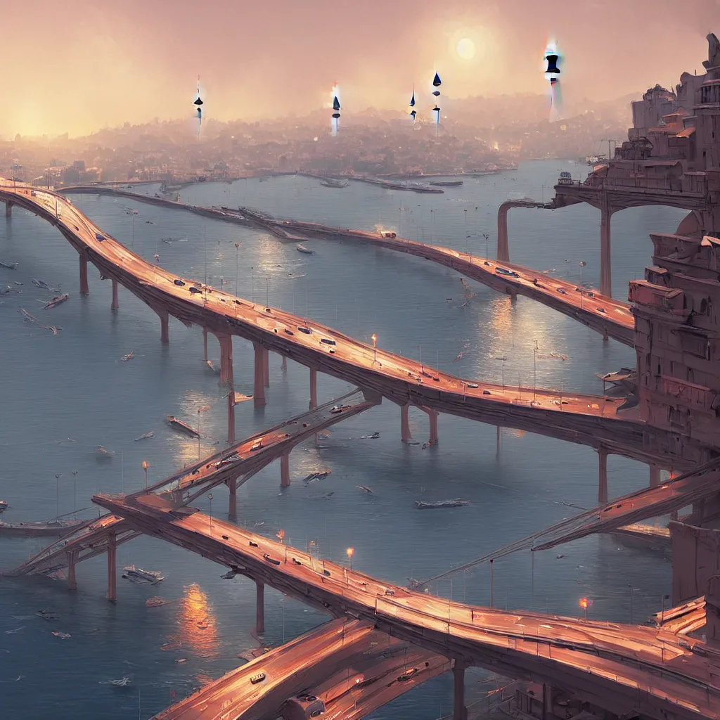 Image similar to a cinematic scene from istanbul bridge, concept art by nick ford and sylvain sarrailh,