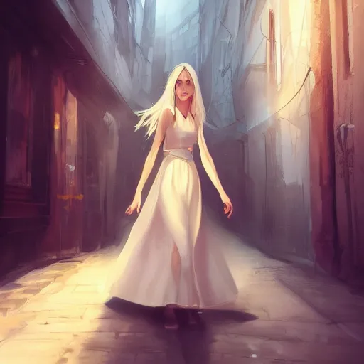 Image similar to a girl in a white dress, holding a lantern, dramatic lighting, walking through a dark alleyway surrounded by tall buildings, 8k, trending on artstation, drawn by wlop