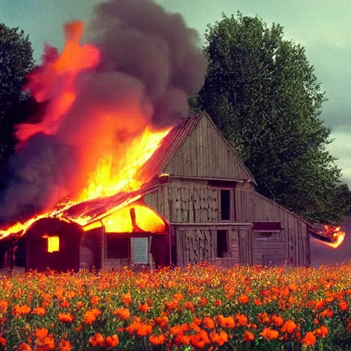 Image similar to vhs 1 9 8 0 s footage of a scene from the movie midsommar a - line shaped wooden building on fire, field of flowers