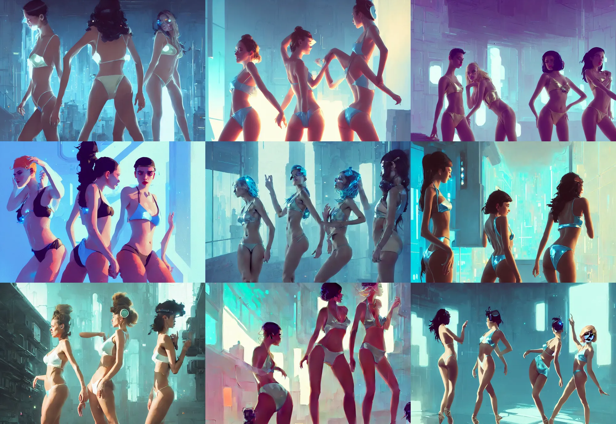 Prompt: two beautiful young women dancers in studio, shiny bikini, cyberpunk, fantasy, by atey ghailan, by greg rutkowski, by greg tocchini, by james gilleard, by joe gb fenton, by in kaethe butcher, dynamic lighting, gradient light blue, brown, blonde cream and white color in scheme, grunge aesthetic