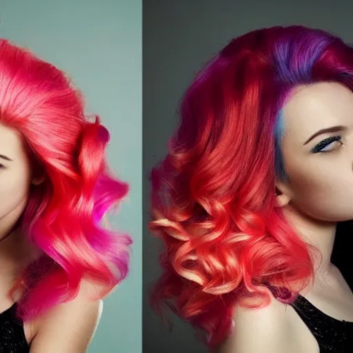 Prompt: a dramatic photo of a beautiful young woman with cotton candy hair. with a little bit of gold and red