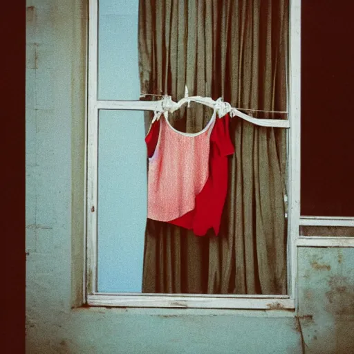 Prompt: a window with clothes hanging out of it, a photo by alexander deyneka, tumblr, dau - al - set, photo taken with provia, dark, photo taken with ektachrome