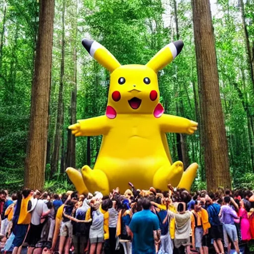 Image similar to photograph of a group of people worshipping a giant pikachu in a forest