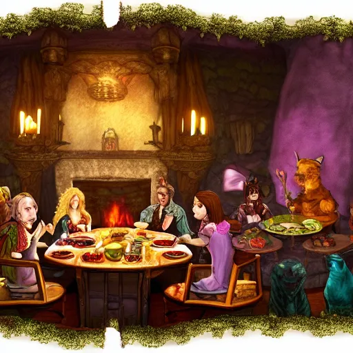 Prompt: the inside of an enchanted feywild mansion, with several people sitting around a long dinner table, in front of a fireplace, dungeons and dragons, 4 k, highly detailed, vibrant colors
