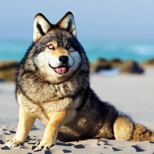 Prompt: an adorable but fierce chubby wolf with rabbit ears, Smiling at the camera with a mischievous grin, at a tropical beach