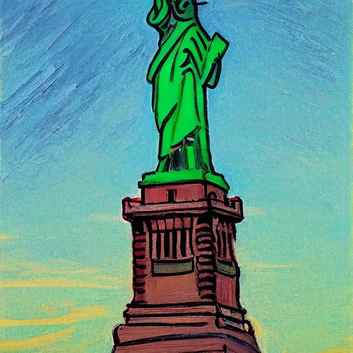 Prompt: portrait of the statue of liberty, in the style of Edward Hopper and Vincent Van Gogh, 4k,