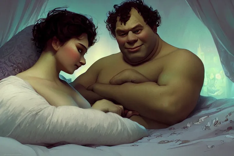 Image similar to russian poet alexander pushkin and shrek together in bed, portrait, highly detailed, digital painting, artstation, concept art, smooth, sharp focus, illustration, cinematic lighting, art by artgerm and greg rutkowski and alphonse mucha