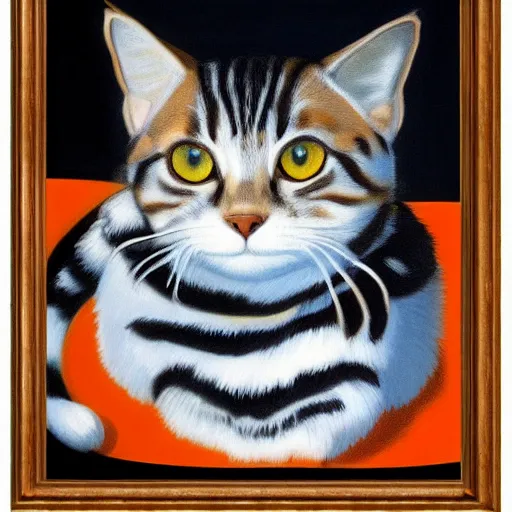 Prompt: painting of a mackerel tabby cat by rene magritte, hd, 4 k, detailed, award winning, orange, white, black