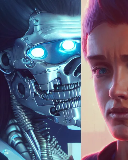 Image similar to highly detailed vfx portrait of terminator, stephen bliss, unreal engine, greg rutkowski, loish, rhads, beeple, makoto shinkai and lois van baarle, ilya kuvshinov, rossdraws, tom bagshaw, alphonse mucha, global illumination, detailed and intricate environment