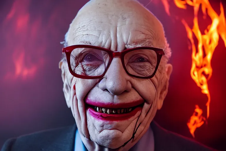 Prompt: Rupert Murdoch wearing glasses and white and red makeup like The Joker, smiling with his mouth closed, standing in hell surrounded by fire and flames and bones and brimstone, brilliant colors, color photo, portrait photography, volumetric fog and light, depth of field, bokeh