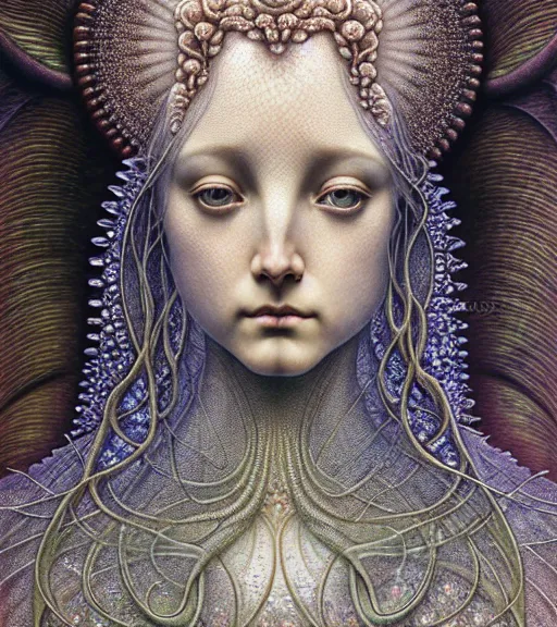 Image similar to detailed realistic beautiful crystal goddess face portrait by jean delville, gustave dore, iris van herpen and marco mazzoni, art forms of nature by ernst haeckel, art nouveau, symbolist, visionary, gothic, neo - gothic, pre - raphaelite, fractal lace, intricate alien botanicals, biodiversity, surreality, hyperdetailed ultrasharp octane render