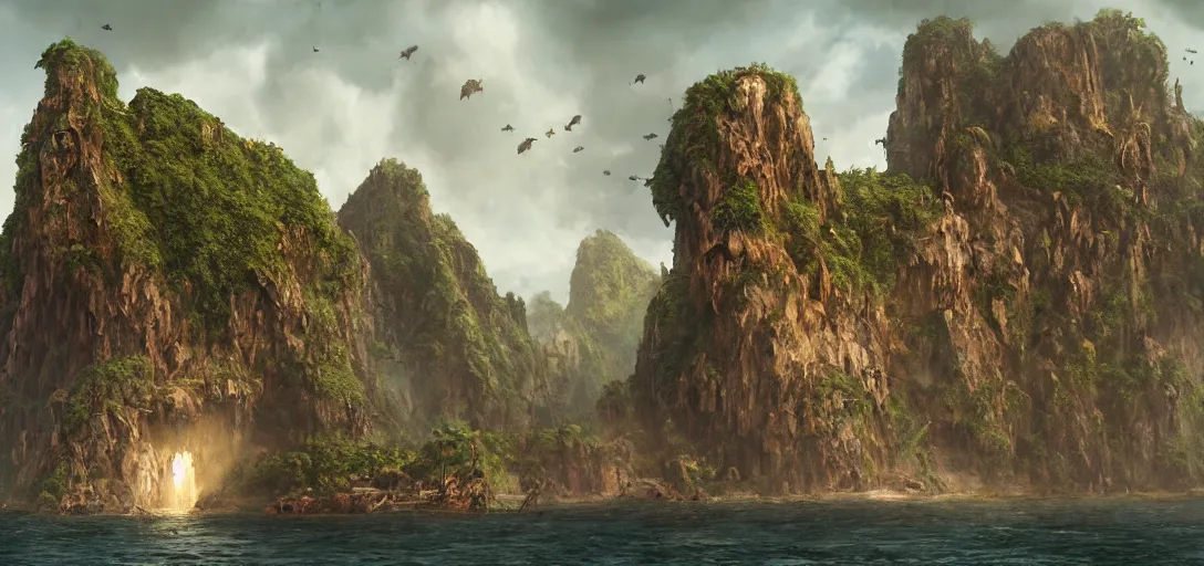 Image similar to skull Island, wooden fortress wall on a tropical island with ruff shore cliffs,landscape, raphael lacoste, eddie mendoza, alex ross, john howe, concept art, matte painting, highly detailed, rule of thirds, dynamic lighting, cinematic, detailed, denoised, centerd, clean render