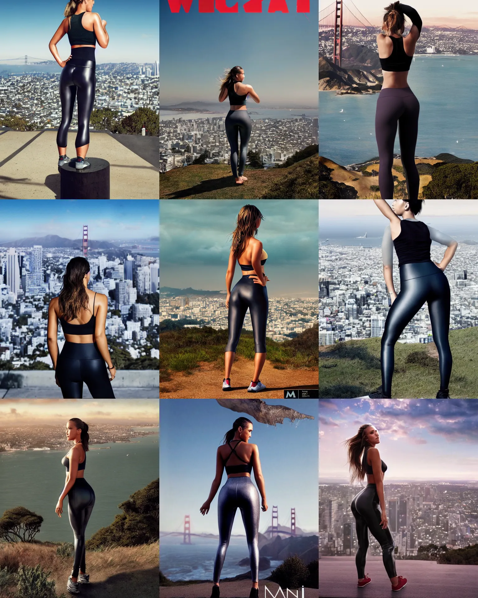 Prompt: magazine cover full body portrait of sweaty jessica alba in a powerful standing pose from behind, overlooking SF from twin peaks, facing away from the camera, thin wet-look leggings :: trending on artstation, morning, photoreal, ue5, anime girl, :: nixri, Greg rutkowski, wlop, ::