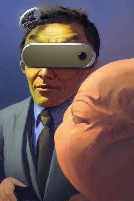 Image similar to sathoshi nakamoto wearing oculus and bitcoin over his head edward hopper and james gilleard, zdzislaw beksisnski, higly detailed