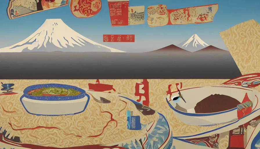 Image similar to award winning graphic design poster, cutouts constructing an contemporary art depicting a colossal ramen bowl in the foreground, rural splendor and a mountain range isolated on white, a single Mount Fuji in the distant horizon, ramen bowl containing bountiful crafts, local foods, in the style of edgy and eccentric abstract cubist realism, items composition confined and isolated on white, mixed media painting by Leslie David and Lisa Frank for juxtapose magazine