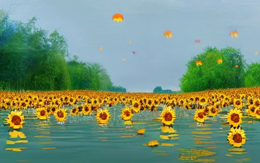 Prompt: City of Ljubljana flooded with sunflowers and people swimming through them, digital art, trending on artstation