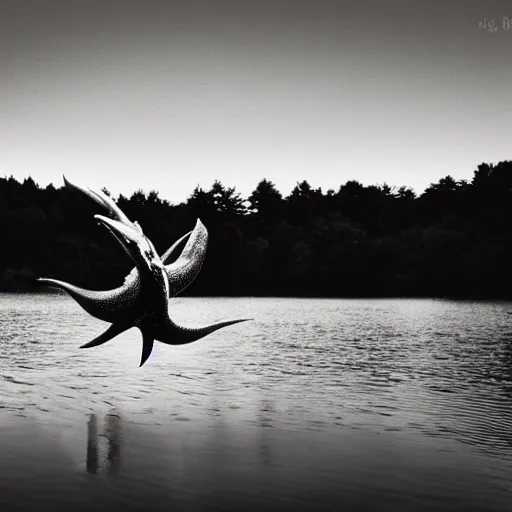 Image similar to a real life gyarados swimming in a lake, proof photograph, black and white, blurry, old camera, grainy, motion blur, unfocused