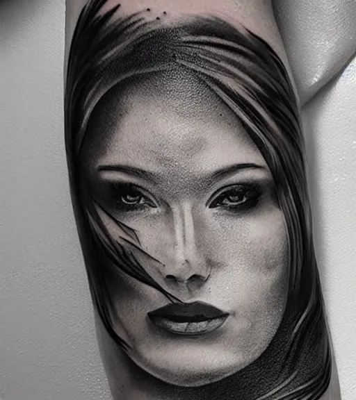 Image similar to a beautiful woman face against a background of beautiful mountains, tattoo design sketch, amazing blend effect, hyper - realistic, in the style of matteo pasqualin, amazing detail, black and white