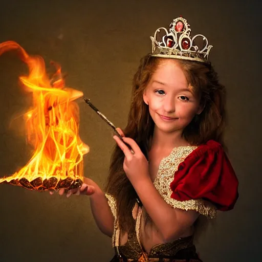 Prompt: Portrait photo beautiful princess manipulating fire detailed art