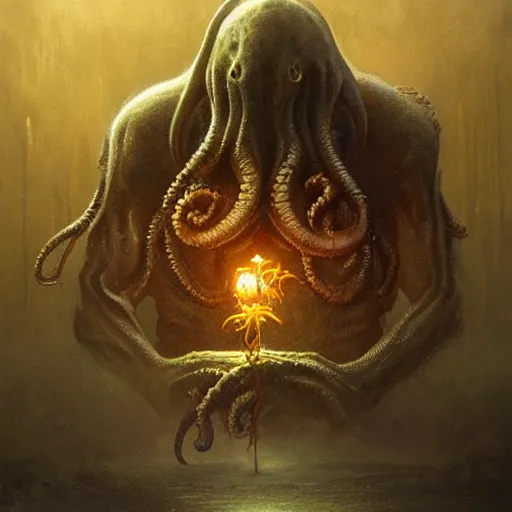 Image similar to Cthulhu eating toast, art by greg rutkowski and Zdzislaw Beksinski, good clear quality, lighting, horror, biology, symmetrical artwork, tentacles, Cthulhu Mythos, 135 mm, cinematic, hyper realism, high detail, octane render, 8k, chrome accents