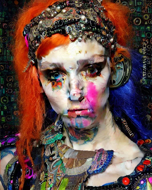 Image similar to a close up of beautiful decora cybergoth emo girl wearing a balaclava surrounded by colourful intricate patterns, by gustave klimt edgar maxence and caravaggio and michael whelan, intricate painting, hyper realistic, extremely detailed and beautiful aesthetic face, 8 k resolution