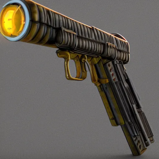 Image similar to product photography of a steampunk pistol that looks like a bladerunner blaster, realistc, hyperdetailed, realistic lighting, replica model, octane render, unreal engine 5,