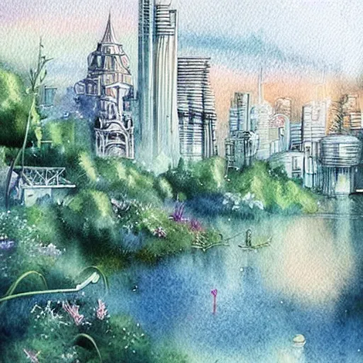 Image similar to Beautiful happy picturesque charming sci-fi city in harmony with nature. Beautiful light. Water and plants. Nice colour scheme, soft warm colour. Beautiful detailed watercolor by Lurid. (2022)