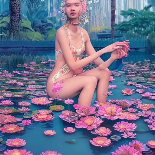 Image similar to pretty model with water lilies : : by martine johanna and simon stalenhag and chie yoshii and casey weldon and wlop : : ornate, dynamic, particulate, rich colors, intricate, elegant, highly detailed, vogue, harper's bazaar art, fashion magazine, smooth, sharp focus, 8 k, octane render