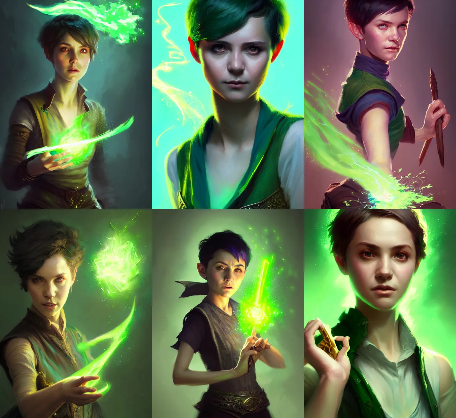 Prompt: Portrait of young female sorcerer, D&D fantasy, short green bobcut, magical blasts shooting out of her fingers, distant expression, wearing a shirt and vest, intricate, highly detailed, digital painting, artstation, concept art, sharp focus, illustration, art by greg rutkowski and Ross Tran